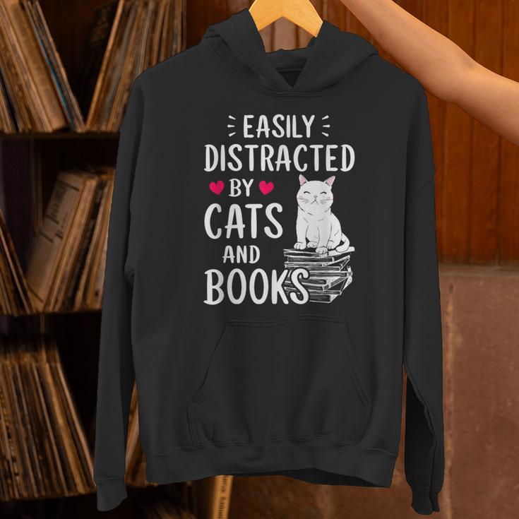 Easily Distracted By Cats And Books Cat Lover Unisex Hoodie