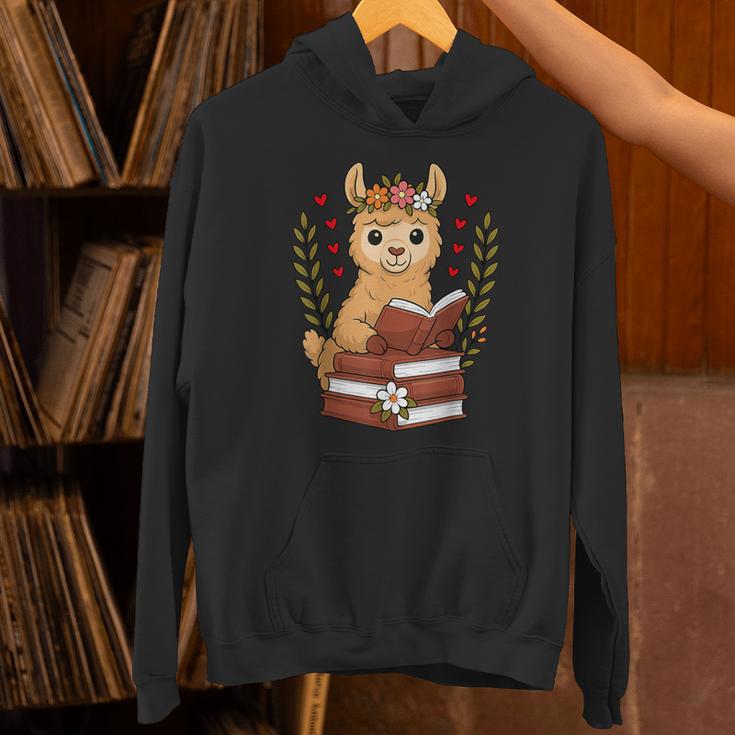Llama Reading Book Graphic Llama With Book Floral Unisex Hoodie