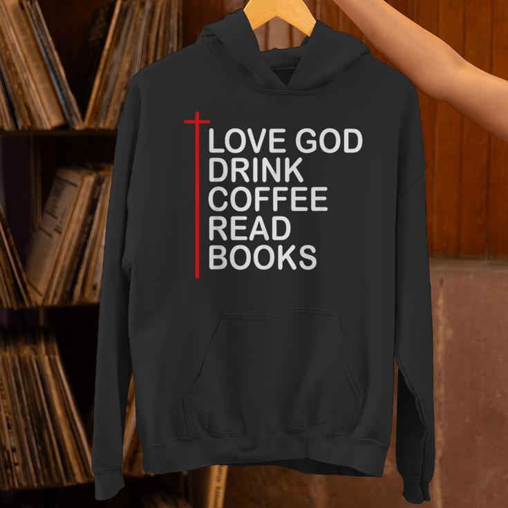 Love God Drink Coffee Read Books Lover Jesus Cross Christian Unisex Hoodie