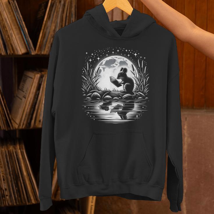 Mouse Reading Book Full Moon Lake Scenery Unisex Hoodie
