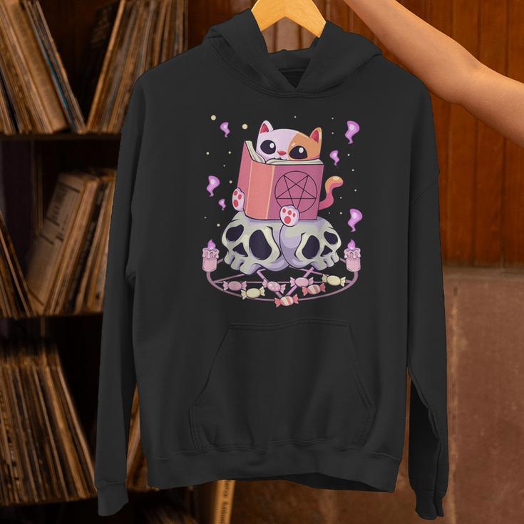 Pastel Goth Kawaii Occult Cute Cat Reading Pentacle Book For Men Women Unisex Hoodie