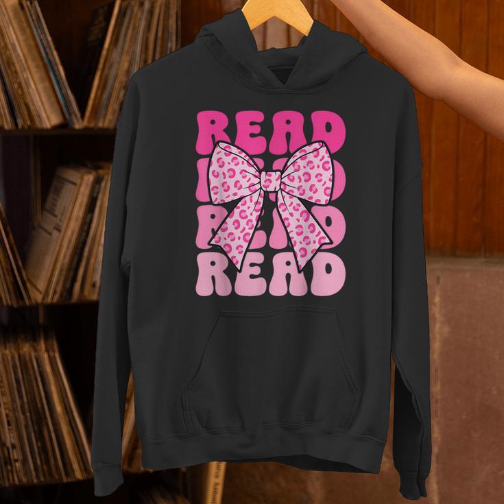 Pink Leopard Read Coquette Bow Girls Retro Groovy Reading Unisex Hoodie