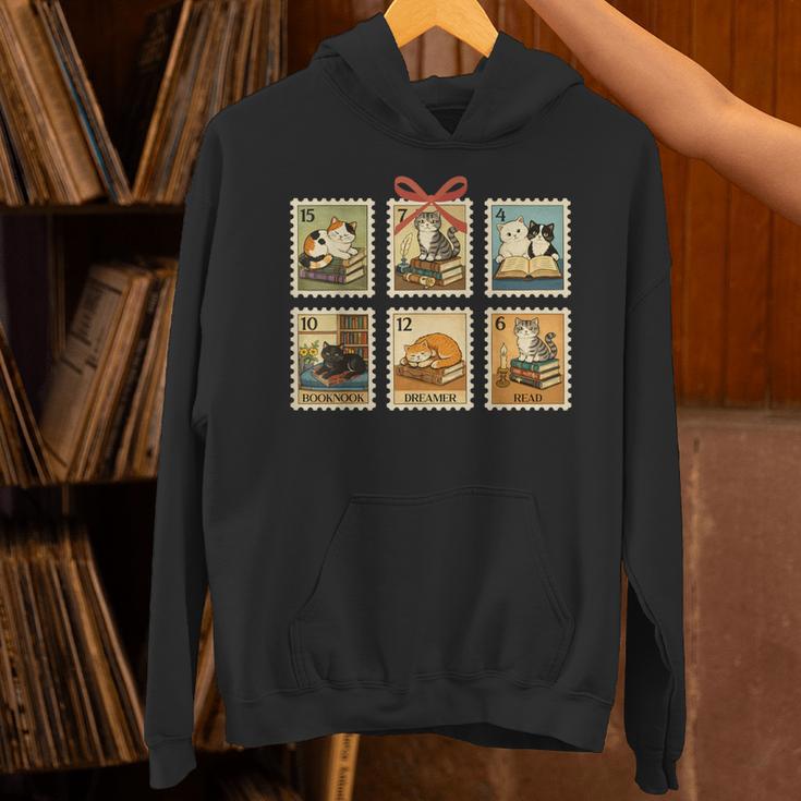 Reading Book Lover Bookish Cat Mom Cat Reading Books Stamps Unisex Hoodie