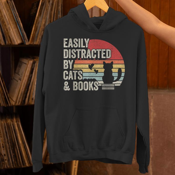 Vintage Retro Easily Distracted By Cats And Books Unisex Hoodie