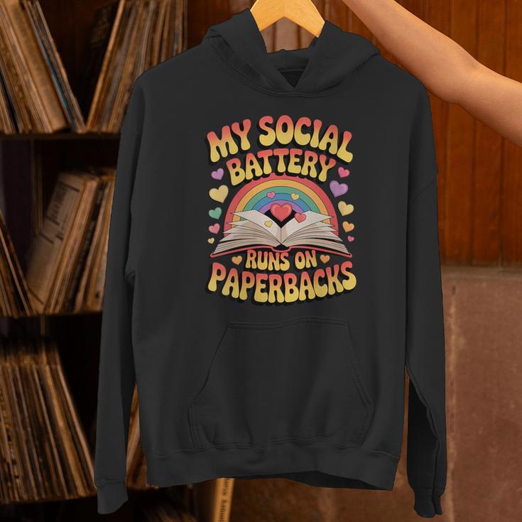 Women's My Social Battery Runs On Paperbacks Groovy Book Lover Unisex Hoodie Women's My Social Battery Runs On Paperbacks Groovy Book Lover Unisex Hoodie
