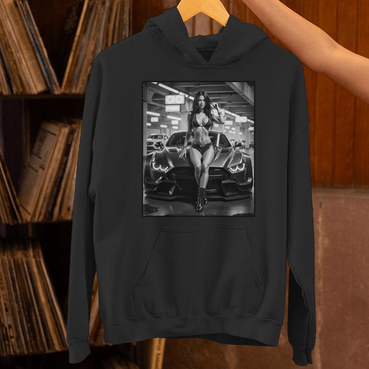 セクシーガールグラフィックtシャツ セクシーピンナップモデル&エキゾチックカーb&W 長袖tシャツ パーカー