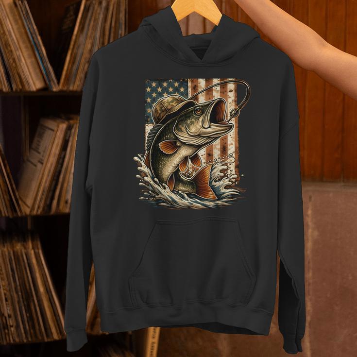 ビンテージバスフィッシング迷彩、アメリカ国旗。 長袖tシャツ パーカー