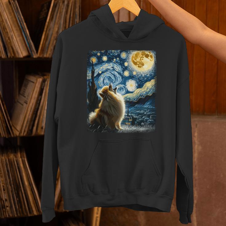 ポメラニアン 犬 イヌアート ゴッホ 星月夜 ポメラニアン 長袖tシャツ パーカー