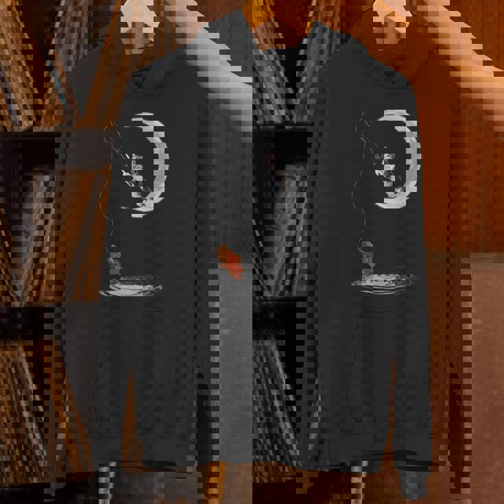 三日月で釣りをする猫 面白い猫愛好家 フィッシャー パーカー