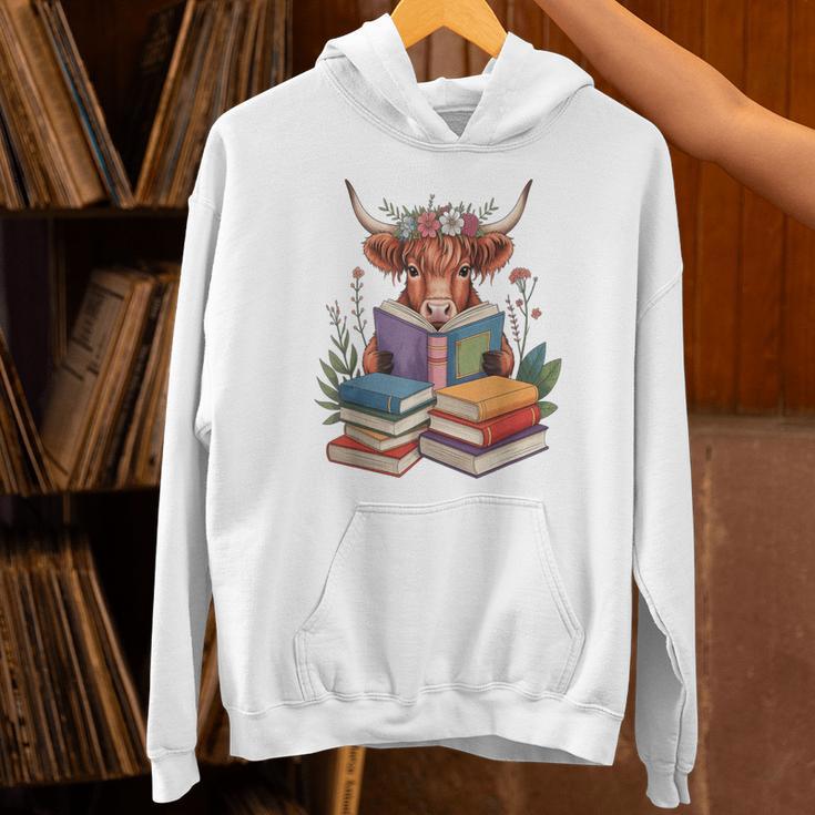 Cute Highland Cow With Book Floral Bookworm Librarian Book Unisex Hoodie