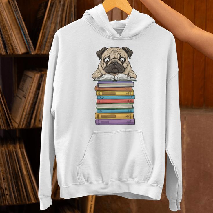 Cute Pug Dog Reading Book On Pile Of Books Unisex Hoodie