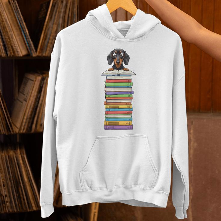 Cute Wiener Dog Dachshund Reading On Pile Of Books Unisex Hoodie