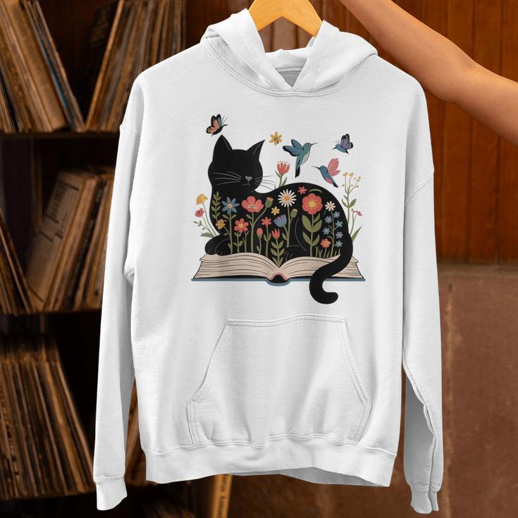 Floral Cat Reading Book Kitten Illustration Unisex Hoodie