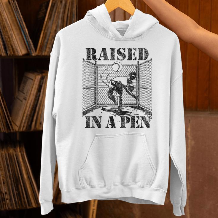 Raised In a Pen Baseball Pitcher Saying Bullpen Unisex Hoodie