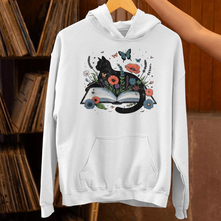 Retro Cute Cat Floral Book Librarian Vintage Floral Cat Book Unisex Hoodie