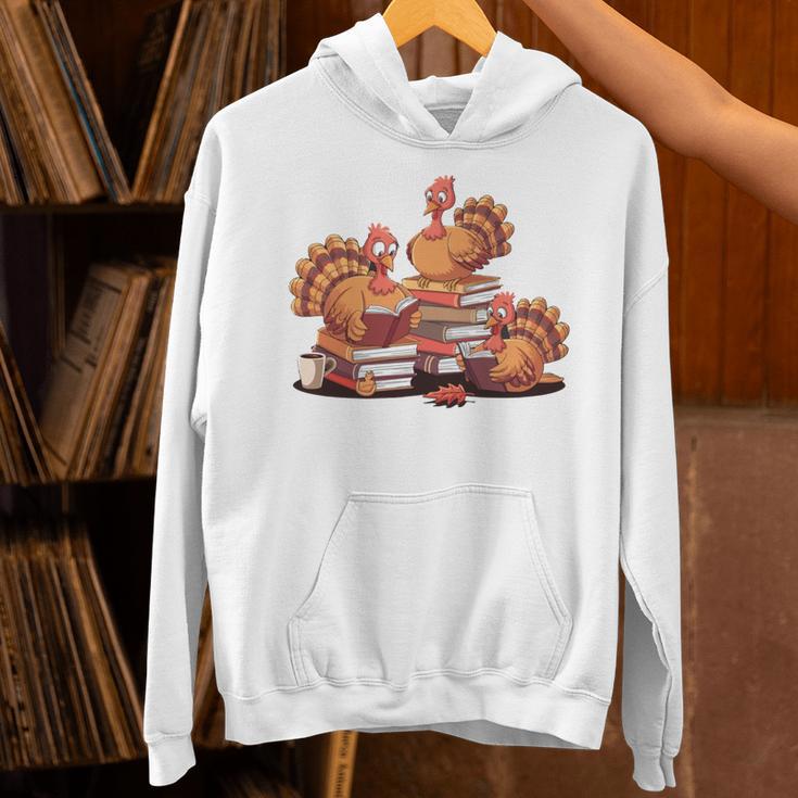 Turkey Reading Books Fall Thanksgiving Teacher Book Lovers Unisex Hoodie