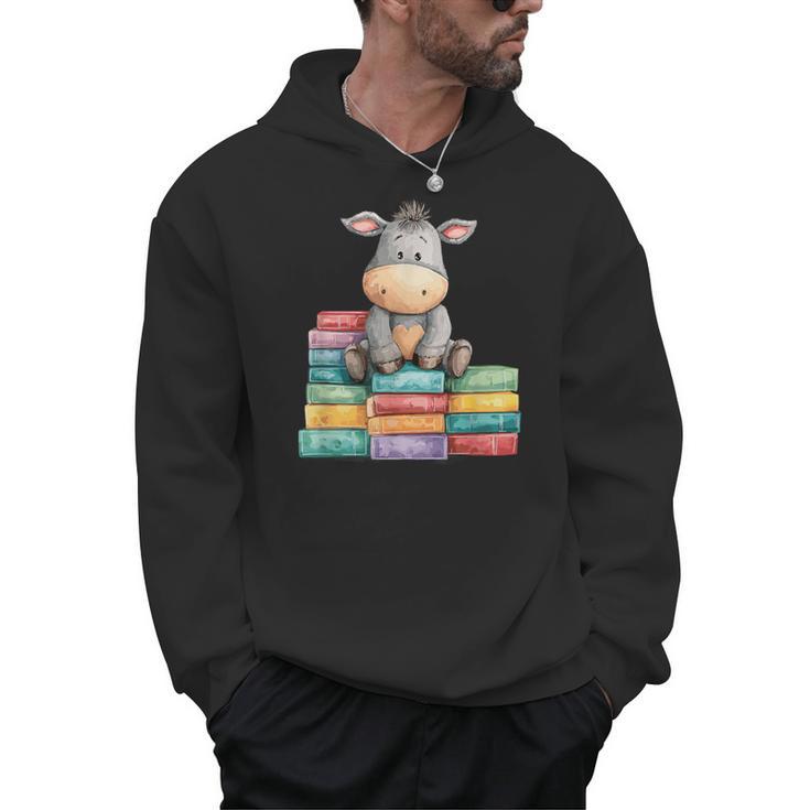 Adorable Donkey With Heart Sitting On Colorful Book Stack Men Hoodie