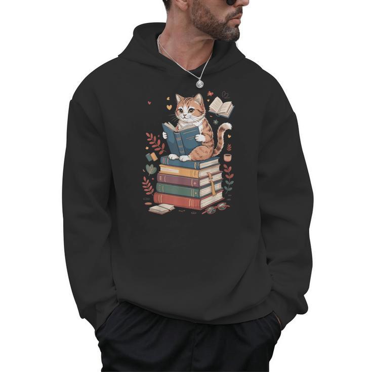 Cute Cat Reading Books With Tea Men Hoodie