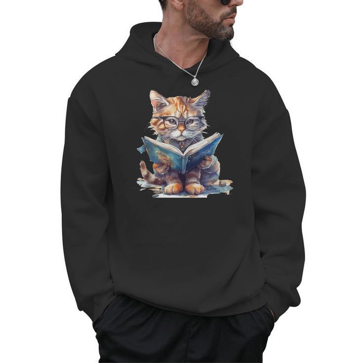 Cute Cat Wearing Glasses Reading a Book Men Hoodie