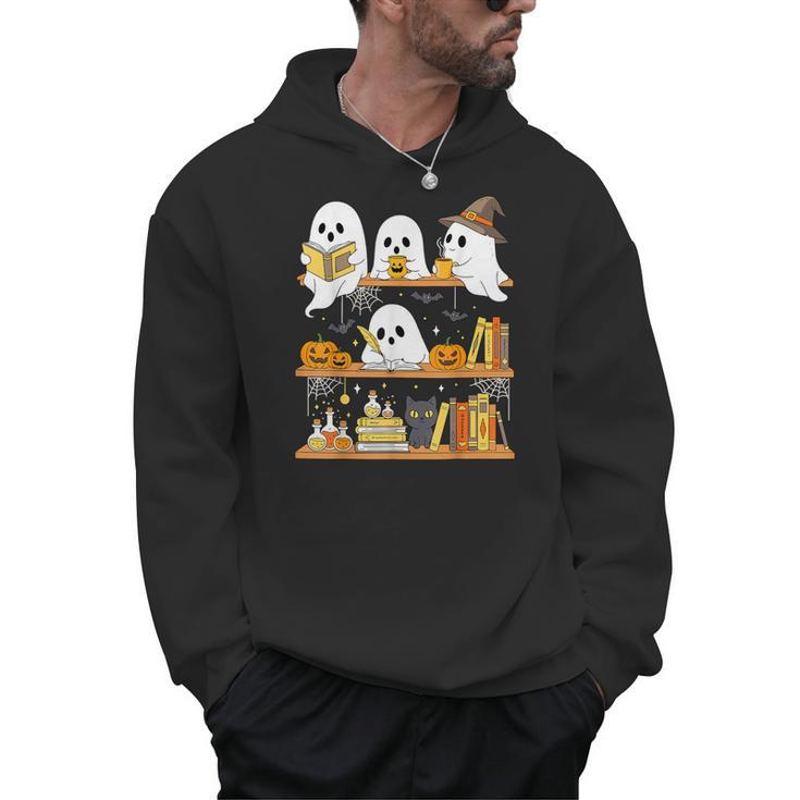 Cute Halloween Ghost Bookshelf Cat Book Lover Men Hoodie