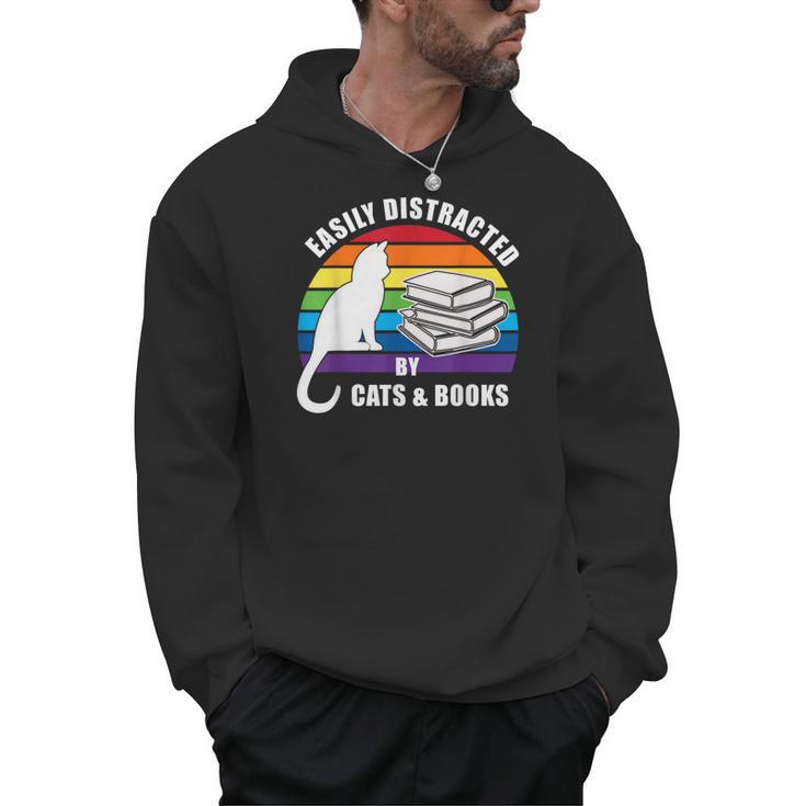 Easily Distracted By Cats And Books – Retro Sunset Rainbow Men Hoodie