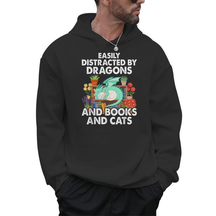 Easily Distracted By Dragons Books Cats Fantasy Book Lover Men Hoodie