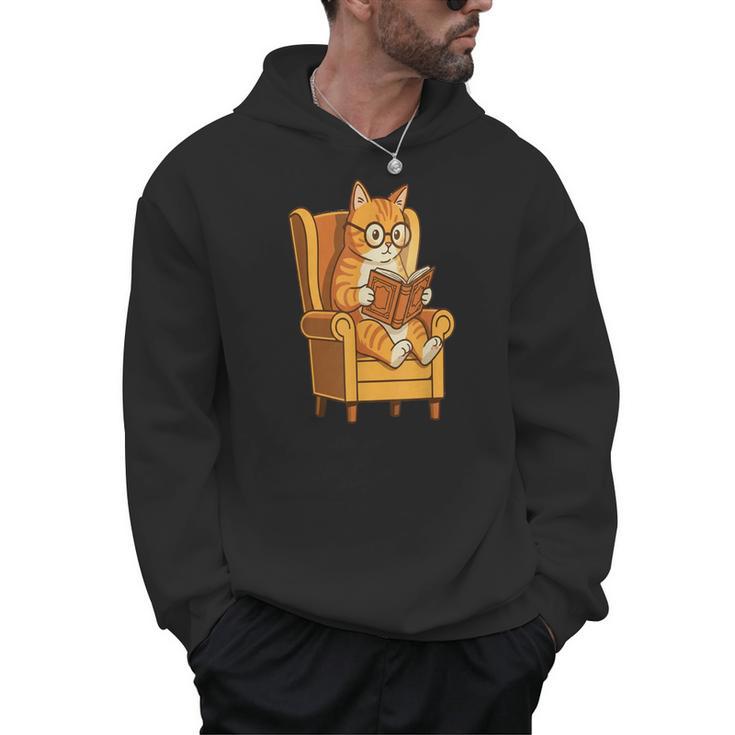 Ginger Tabby Cat Reading Book Glasses Retro Illustration Men Hoodie