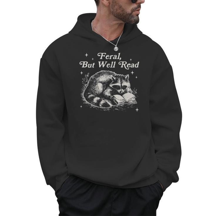 Vintage Feral But Well Read Raccoon Reading Book Lover Men Hoodie