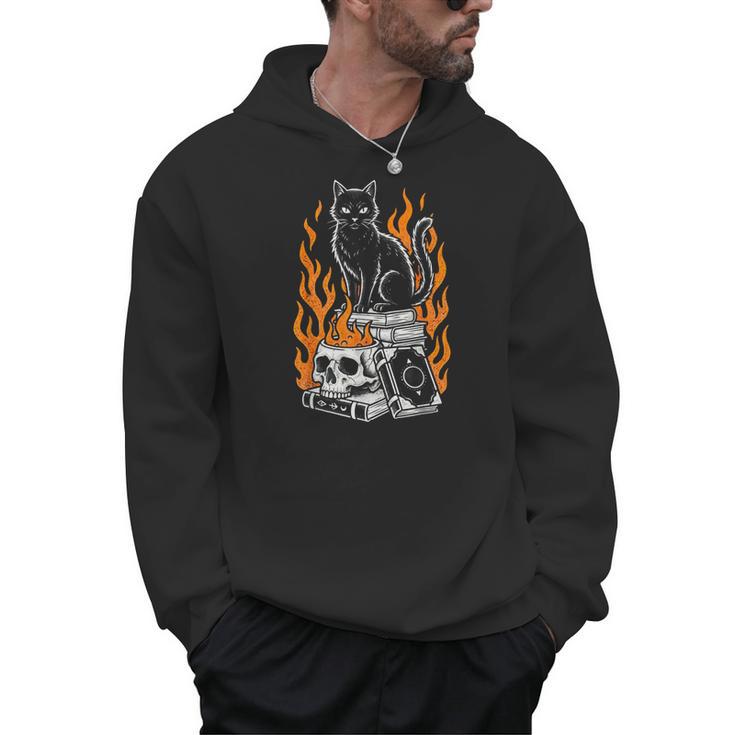 Witchy Creepy Goth Cat Skull Flames Occult Magic Books Men Hoodie