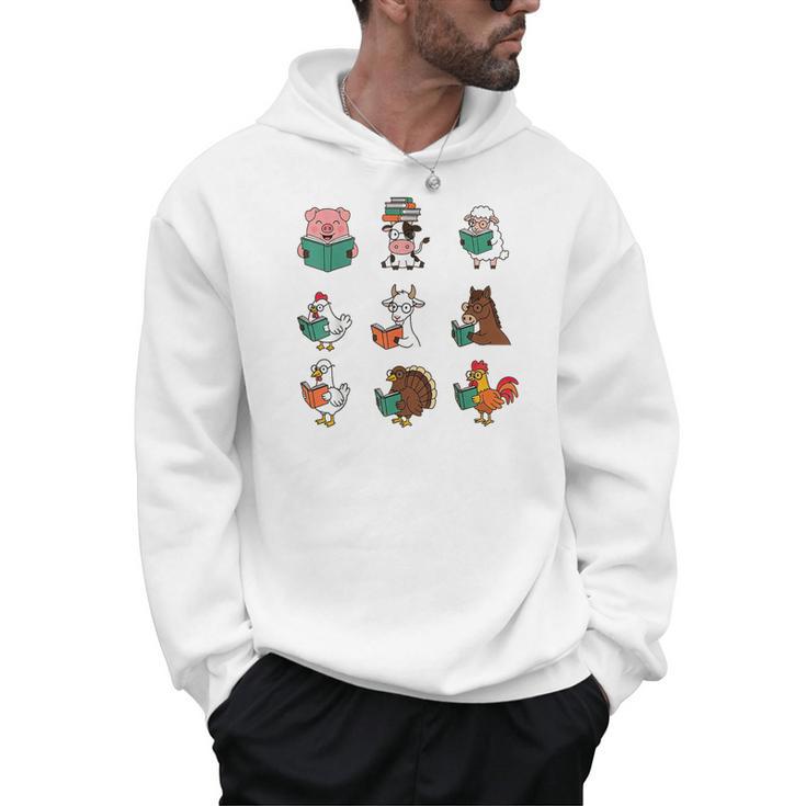 Cute Farm Animals Reading Books Teacher Library Reader Men Hoodie