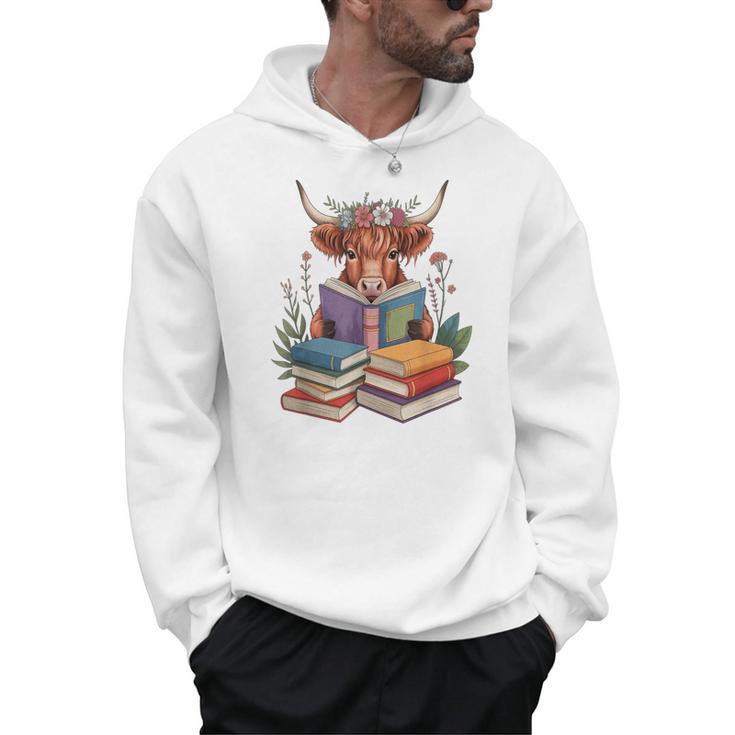 Cute Highland Cow With Book Floral Bookworm Librarian Book Men Hoodie