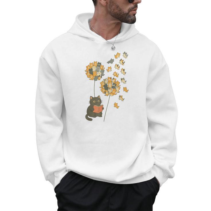Cute Reading Cat With Kitten Dandelion Flowers Book Lover Men Hoodie