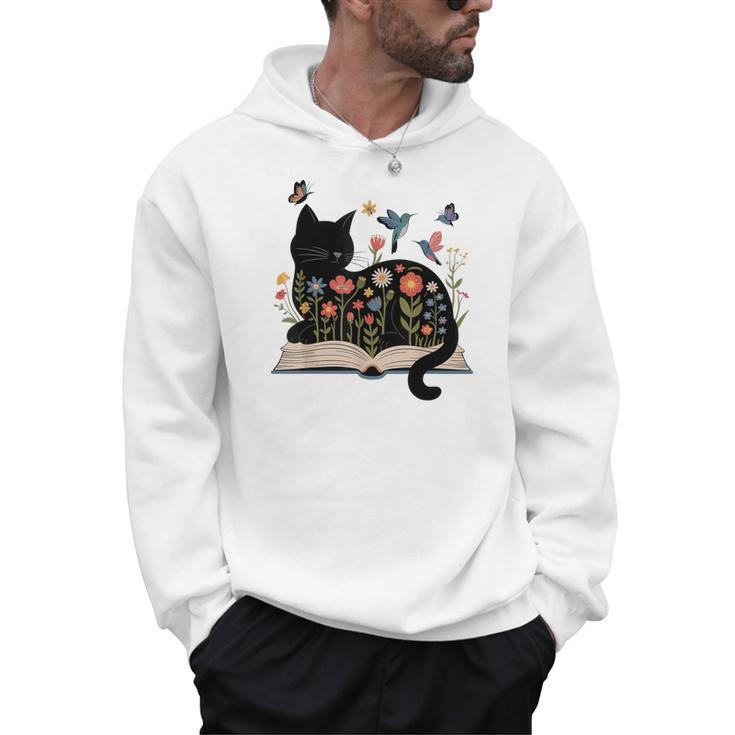 Floral Cat Reading Book Kitten Illustration Men Hoodie