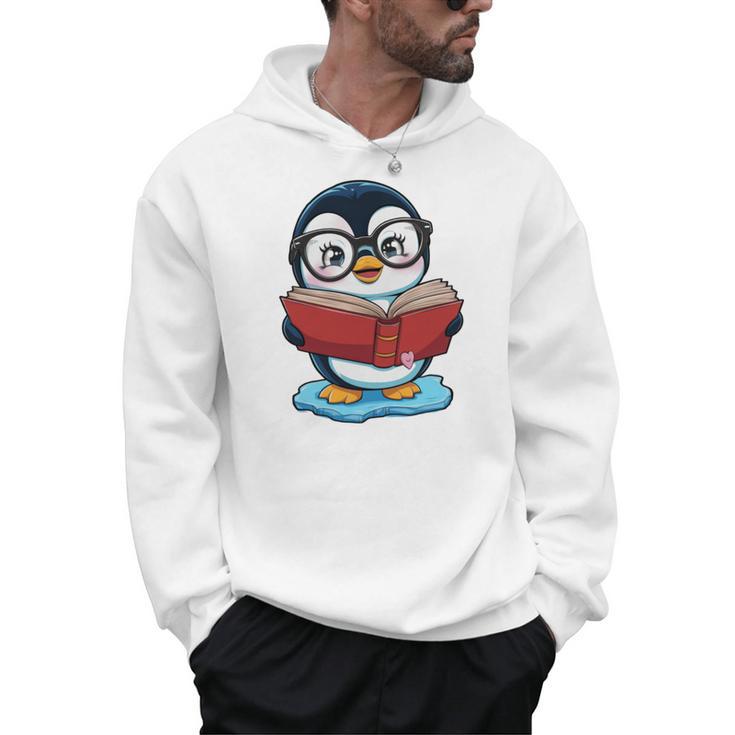 Kawaii Penguin In Cartoon Style With Book And Glasses Men Hoodie