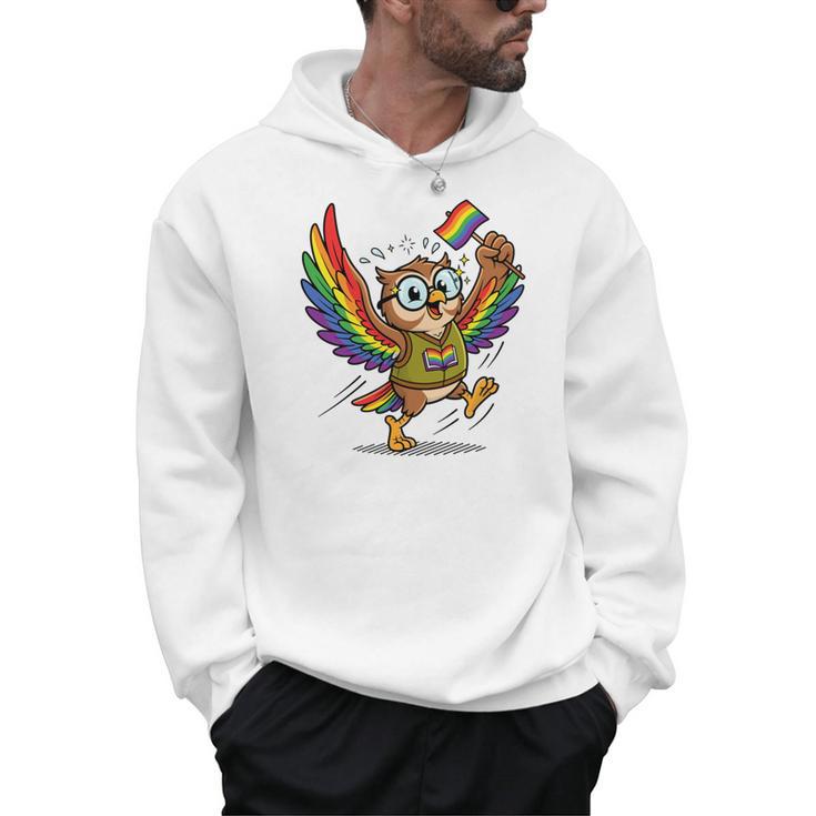 Owl With Pride Flag Book Lover Rainbow Library Men Hoodie