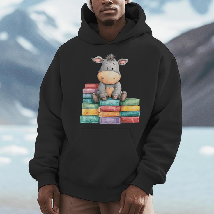 Adorable Donkey With Heart Sitting On Colorful Book Stack Men Hoodie