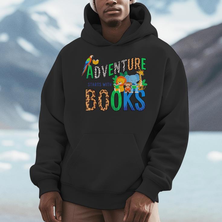 Adventure Starts With Books Jungle Animals Kids Reading Them Men Hoodie Adventure Starts With Books Jungle Animals Kids Reading Them Men Hoodie