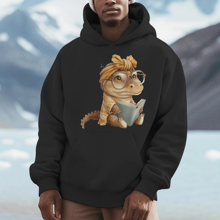 Baby Crocodile Small Book Reading Reptile Graphic Portrait Men Hoodie