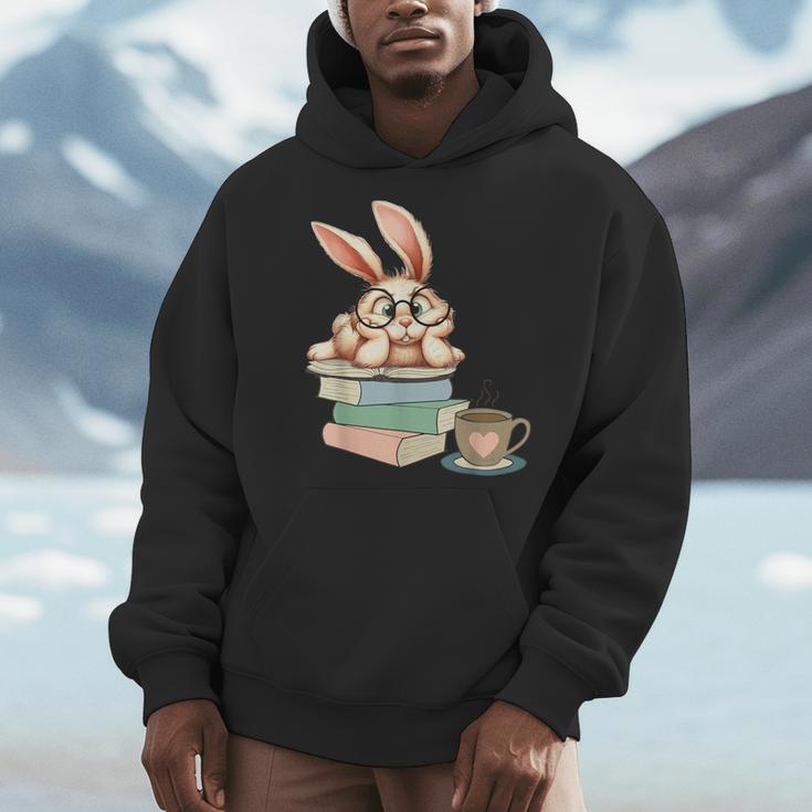 Bunny With Books And Coffee Reading Booknerd Bookish Easter Men Hoodie