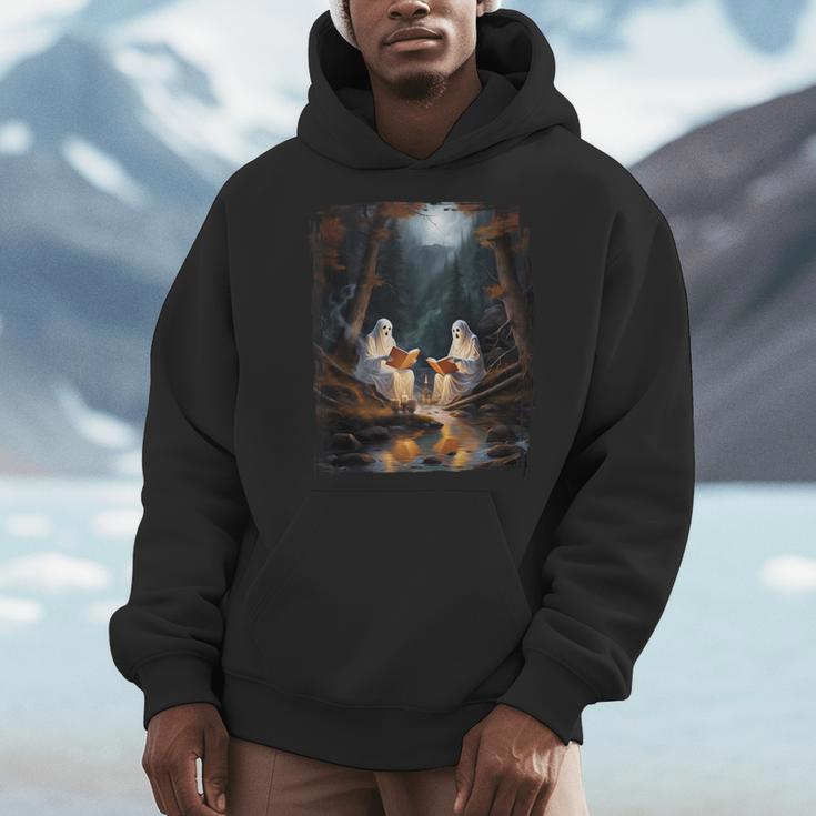 Camping Sheet Ghost Reading Book At Campfire Halloween Men Hoodie
