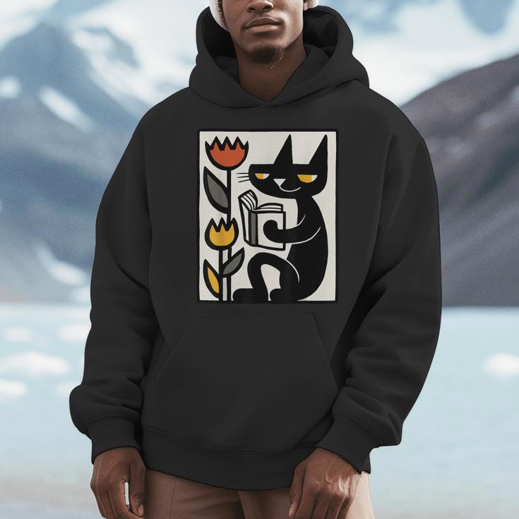 Cat Reading Book Folk Art Cozy Illustration Men Hoodie Cat Reading Book Folk Art Cozy Illustration Men Hoodie