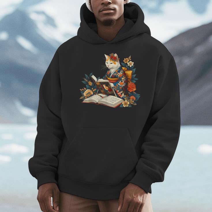 Cat Reading A Book In Traditional Japanese Clothing Kimono Men Hoodie