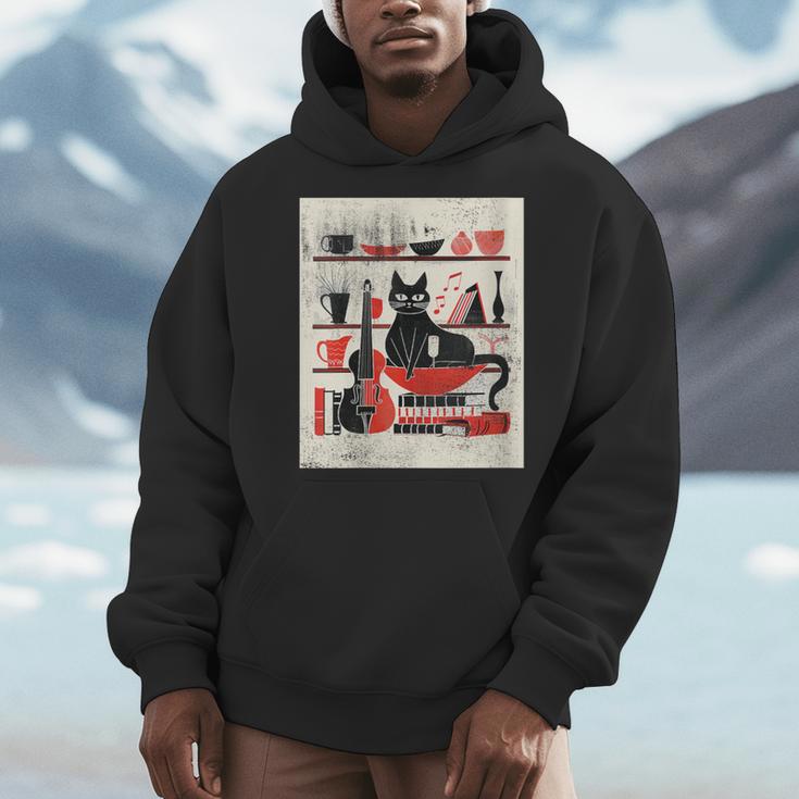 Cats Music Books Lover Essentials Red Retro Silkscreen Men Hoodie