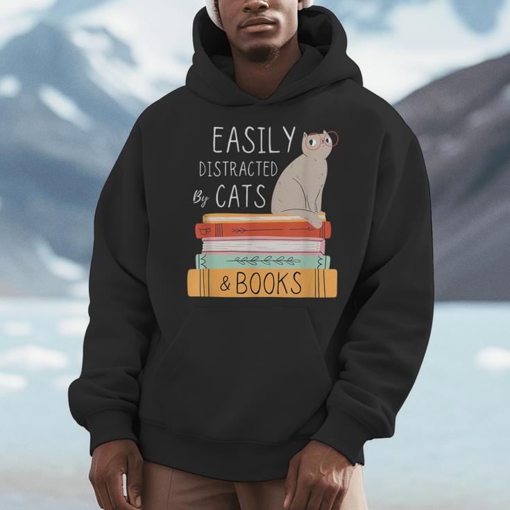 Easily Distracted Cats And Books Cat Lovers For Men Women Kids Men Hoodie
