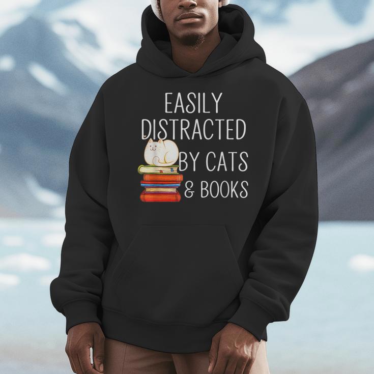 Easily Distracted By Cats And Books Cute Book Lover Men Hoodie