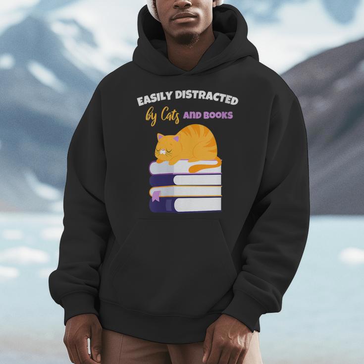 Easily Distracted Cats And Books Cute Cat Book Lover Men Hoodie