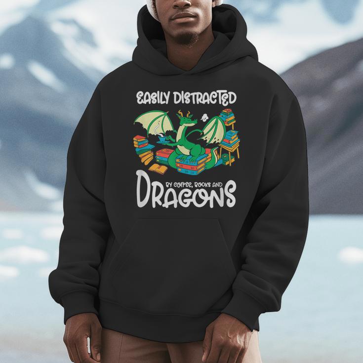 Easily Distracted By Coffee Books And Dragons Fantasy Sci-Fi Men Hoodie