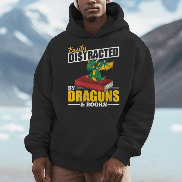 Easily Distracted By Dragons And Books Reading Book Dragon Men Hoodie