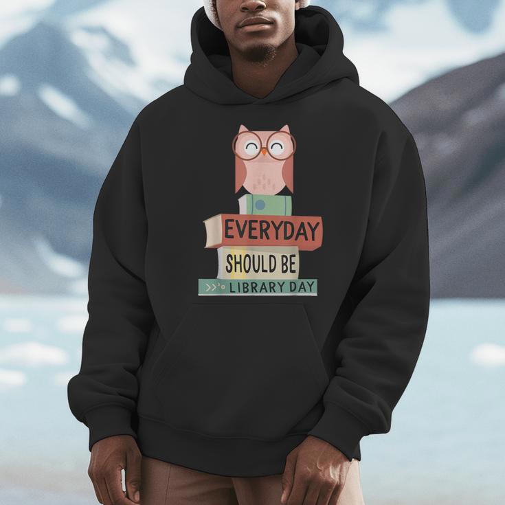 Everyday Should Be Library Day Cute Owl Reading Books Lover Men Hoodie