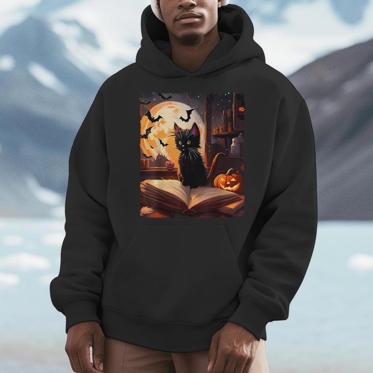 Halloween Cat Reading Books Spooky Cat Reader Teachers Men Hoodie